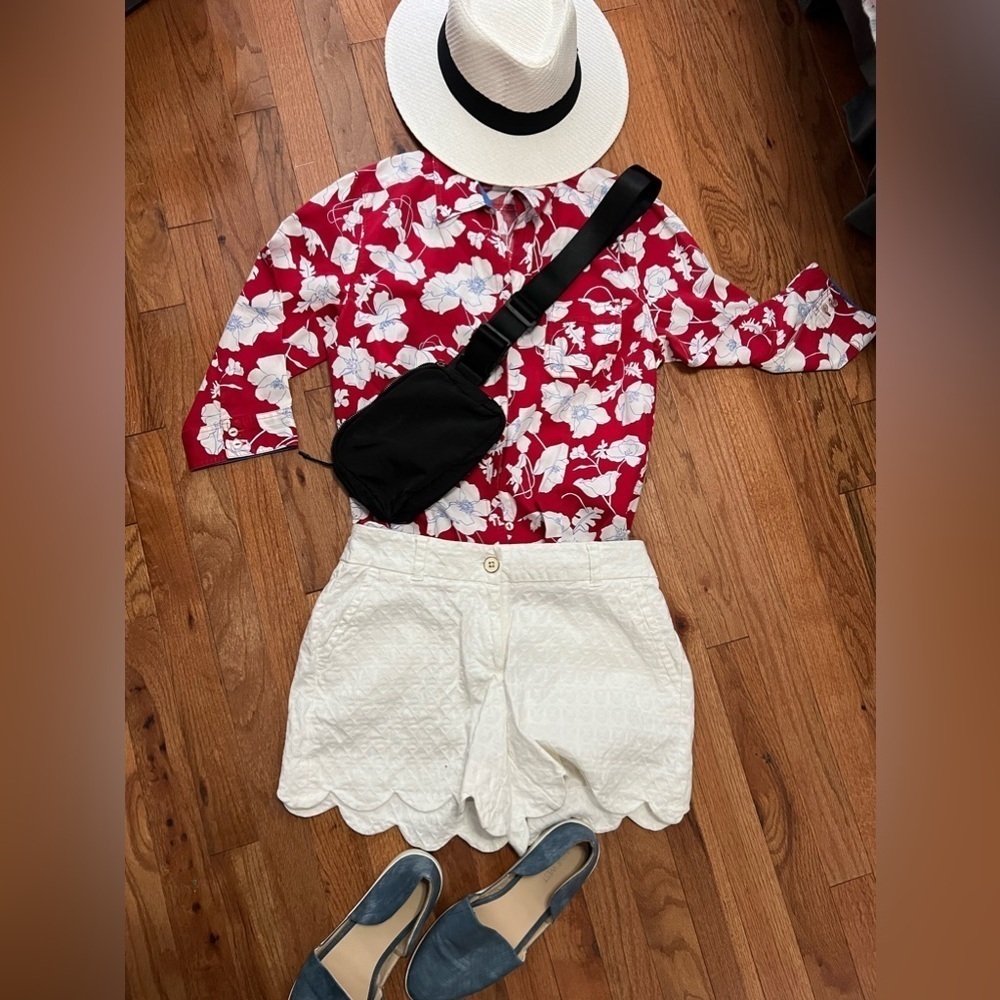 Cappagallo Red Floral Tropical Button Down Blouse Petite Medium
